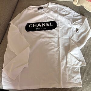 Chanel White Long Sleeve Tee with Black Logo